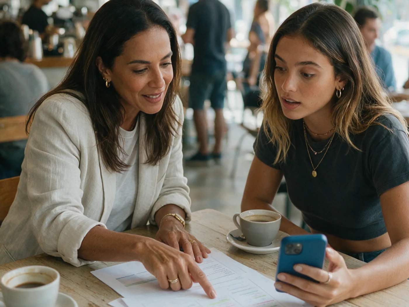 Two professionals reading a printed brief together at a café table.