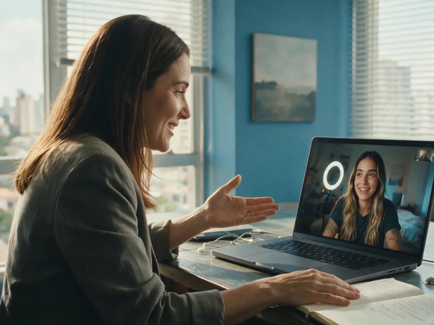 Marketing professional on a video call with a creator, discussing the campaign.