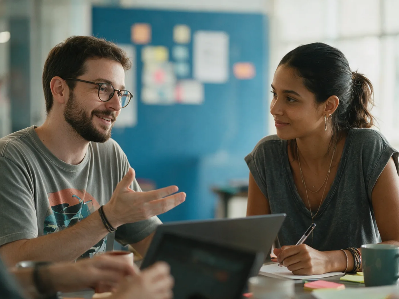 Two people negotiating campaign terms across a meeting table.
