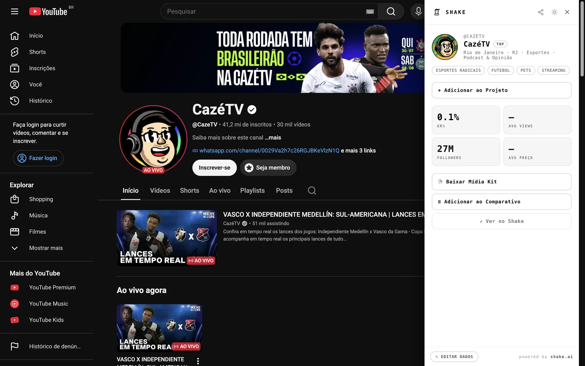 Shake extension open over the CazéTV channel on YouTube, showing the creator's data