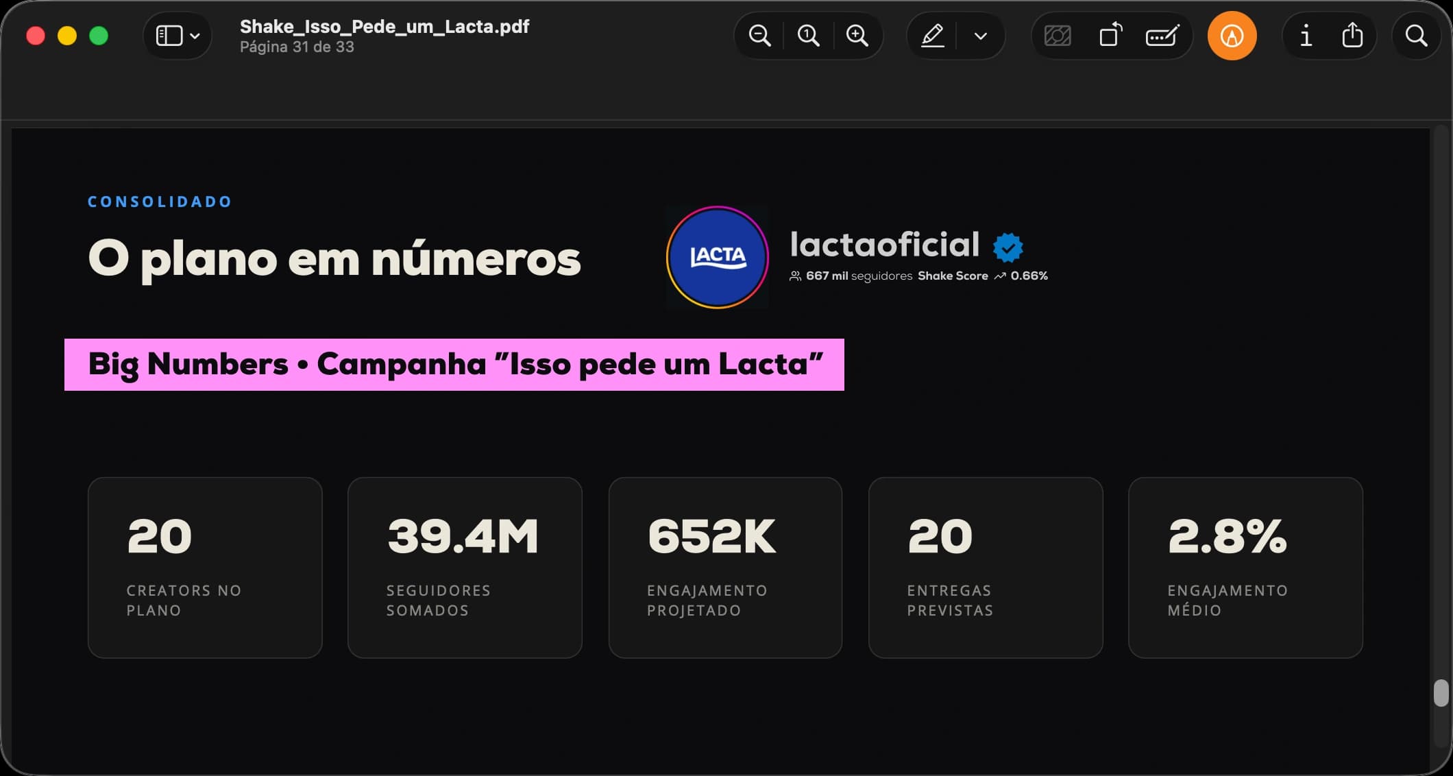 The “Isso pede um Lacta” campaign deck open as a PDF, on page 31 of 33, on the slide “O plano em números”.