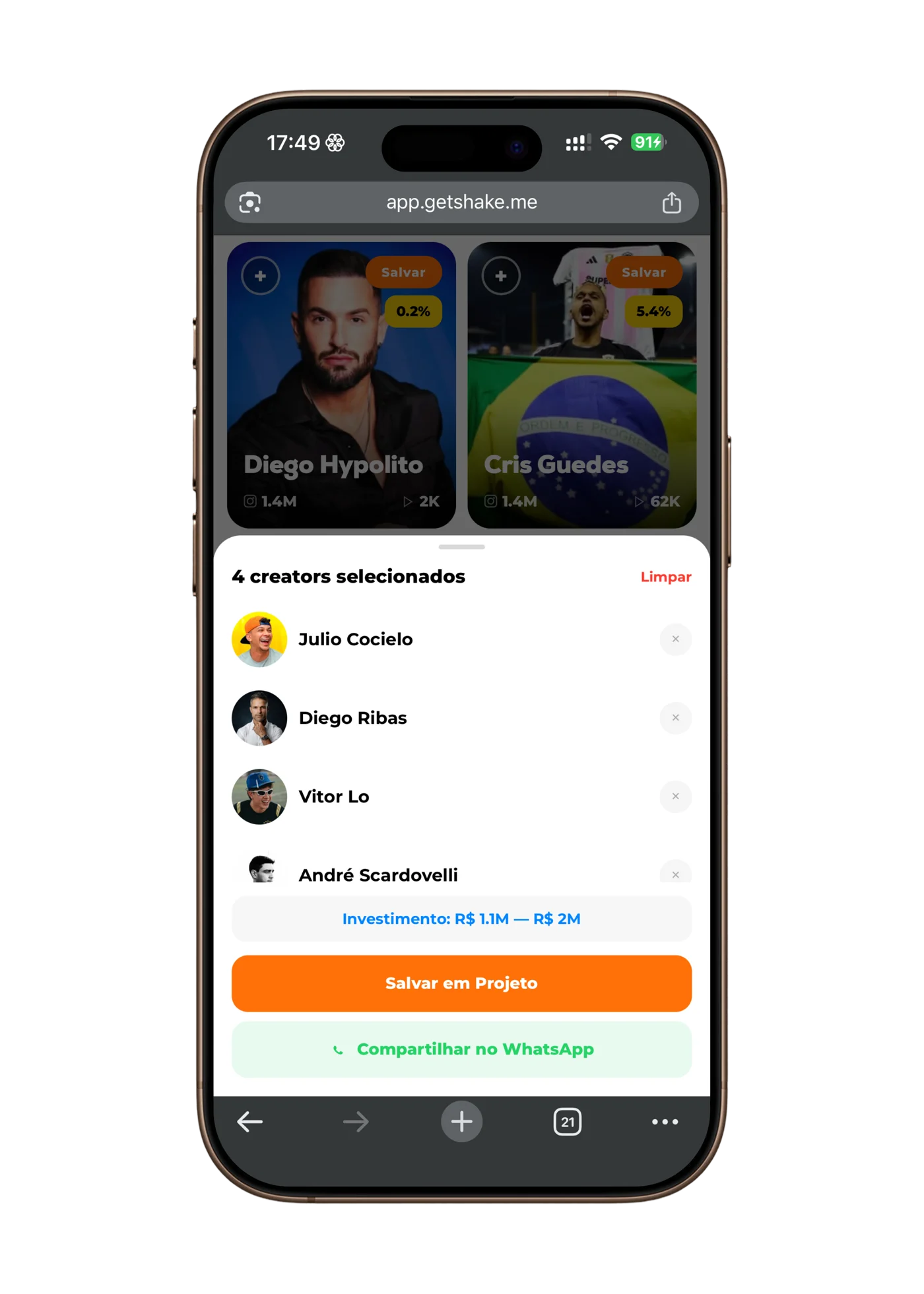 Creator selection in Shake with the investment range and sending over WhatsApp