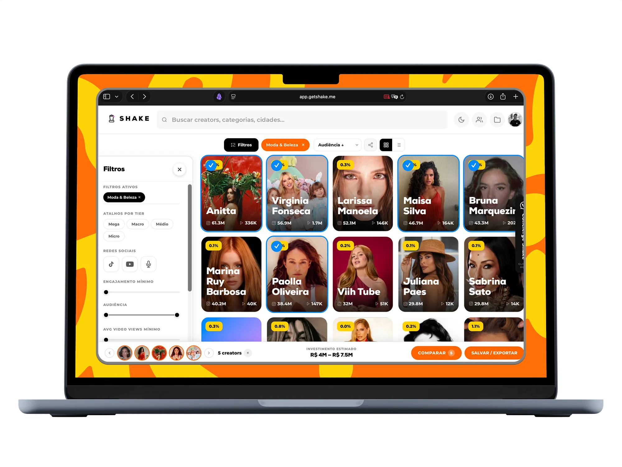 Shake no desktop: grid de creators com filtros abertos e faixa de investimento da seleção
