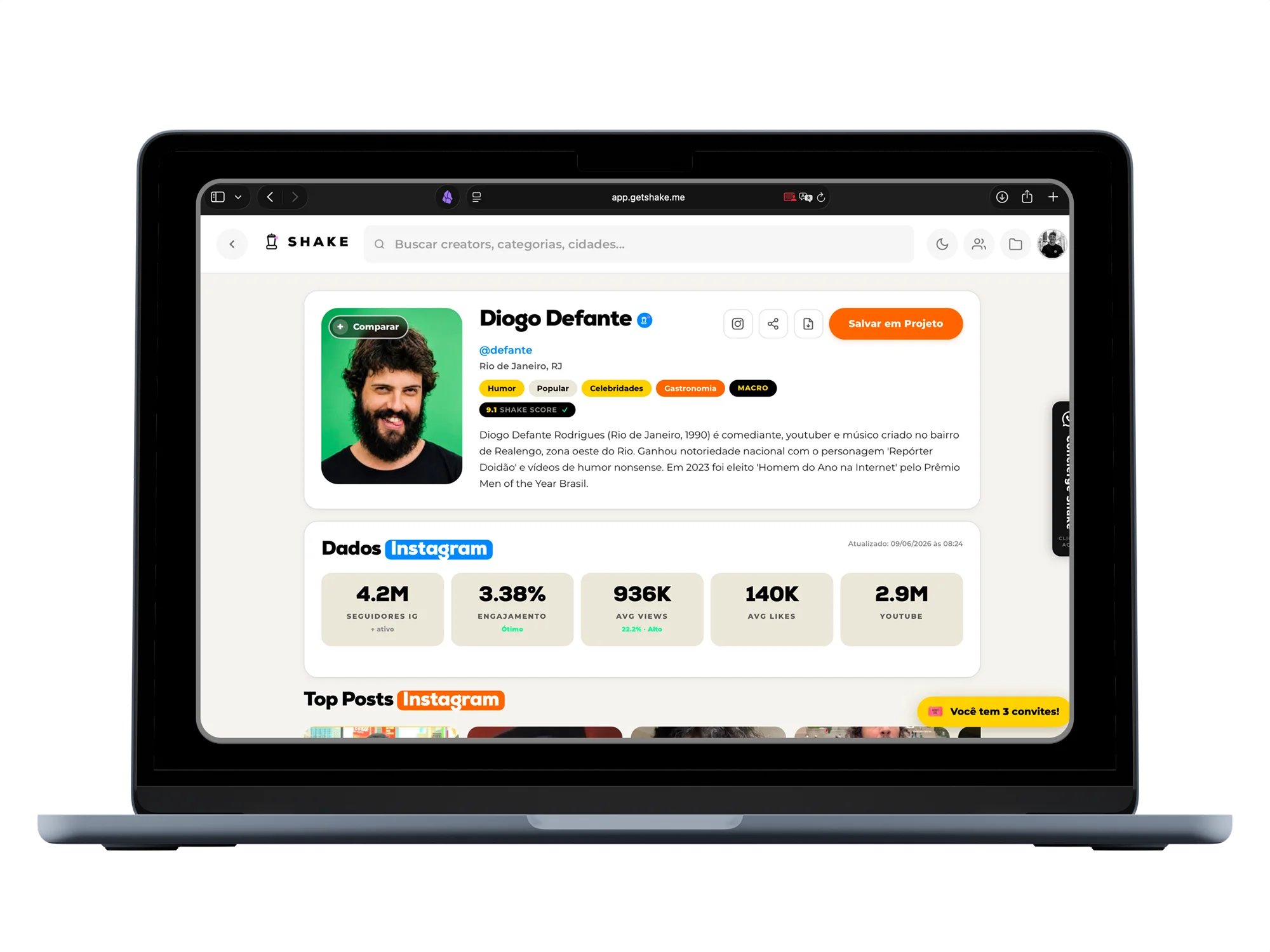 Perfil de creator na Shake com Shake Score e métricas de Instagram e YouTube