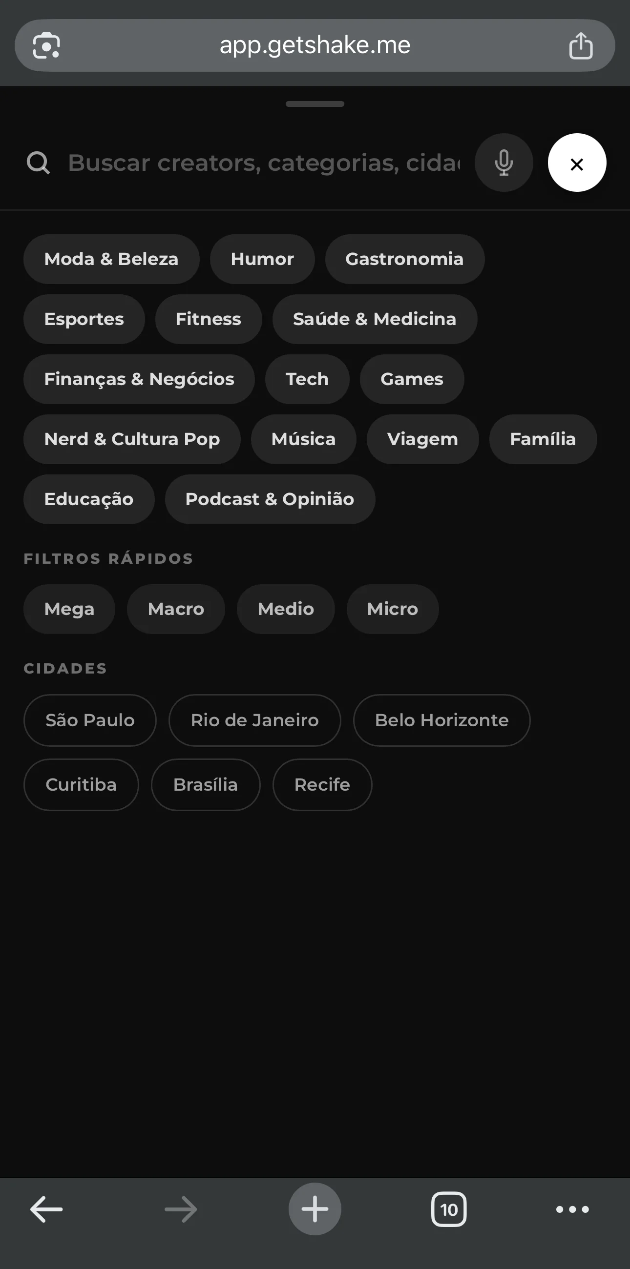 Painel de filtros da Shake com categorias e cidades