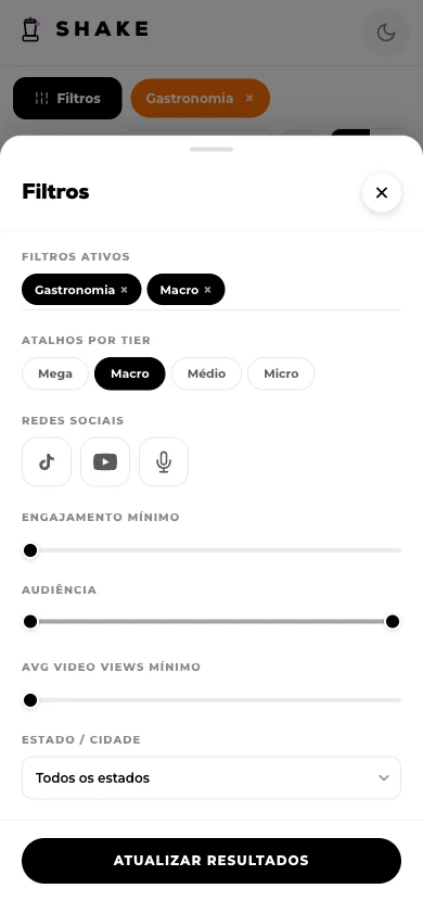 Shake curation filters: tier, network, engagement and city