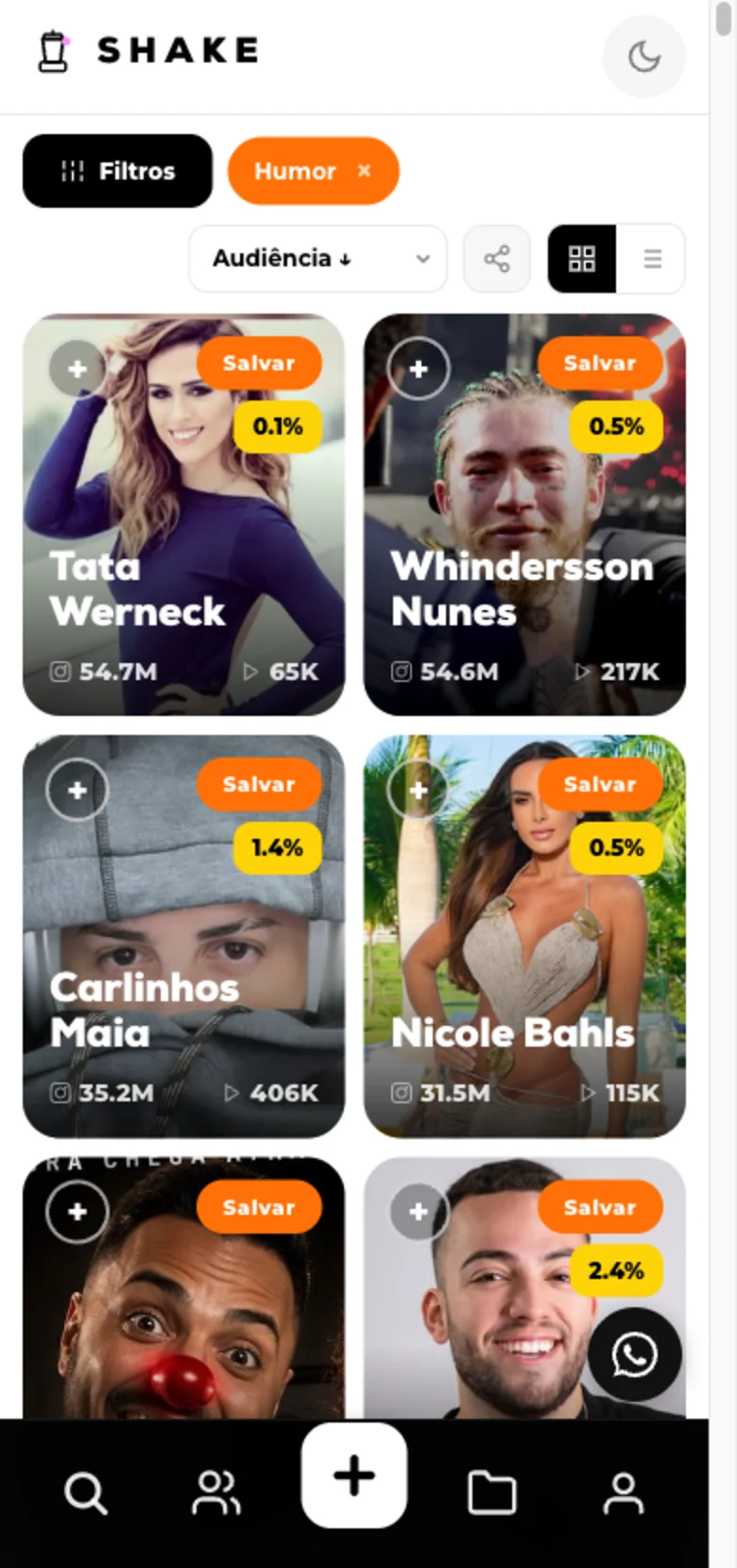 Grid of comedy creators in Shake, with engagement and audience on every card
