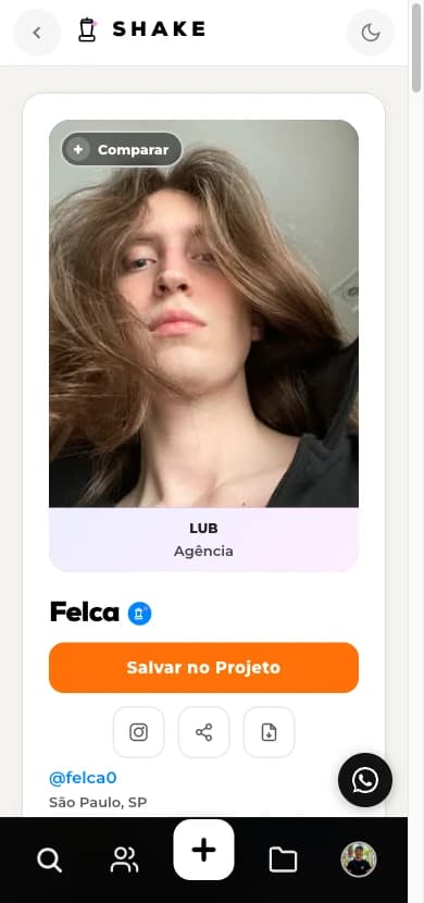 Felca's profile in Shake: Shake Score 9.2, LUB agency and a save-to-project button