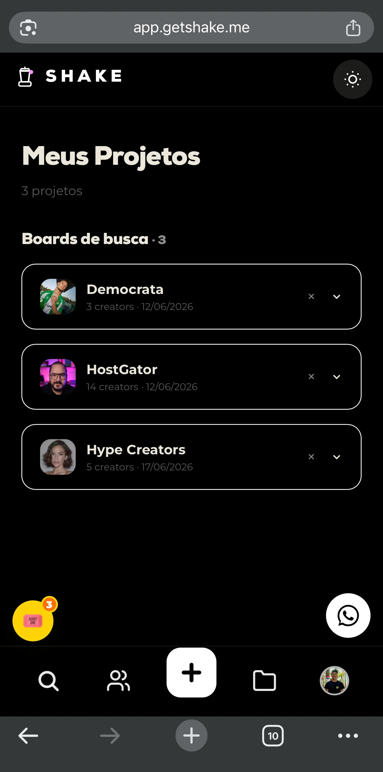 Tela Meus Projetos da Shake com boards de campanha