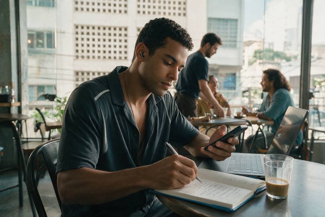 Professional taking notes in a notebook beside a laptop
